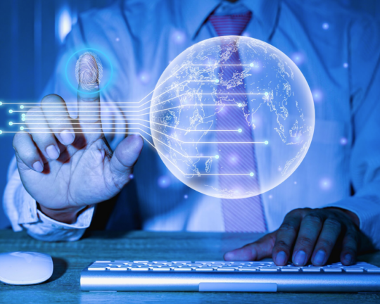 man pointing to technical hologram