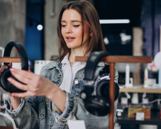 lady looking at head phones in a shop